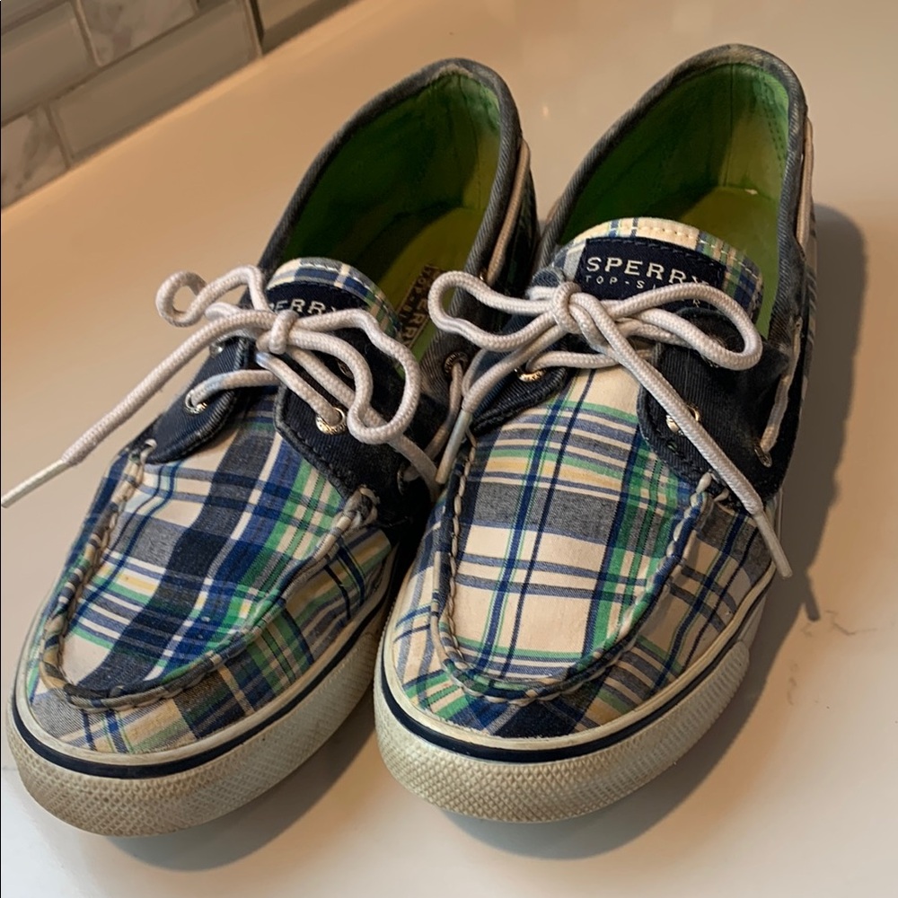 Sperry Blue and Green Sneakers with Plaid Design